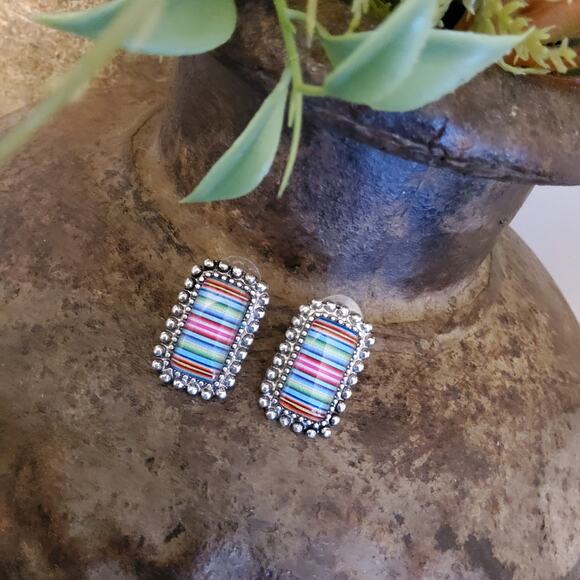 Western Rectangle Burnished Silver Stud Earrings Colorful Stripe - Picture 7 of 9
